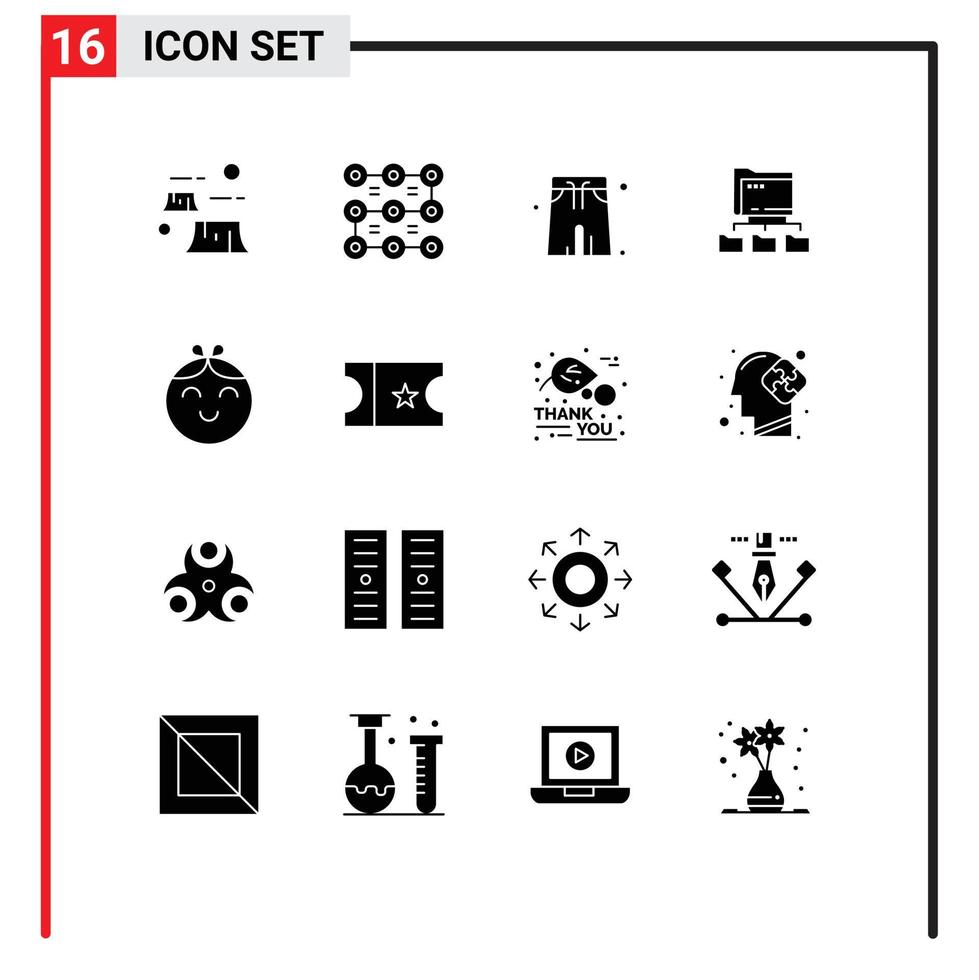 Modern Set of 16 Solid Glyphs Pictograph of child computing security network folder Editable Vector Design Elements