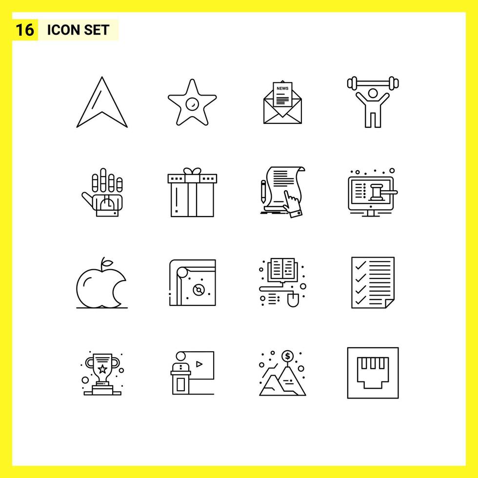 16 User Interface Outline Pack of modern Signs and Symbols of golve weight email lift fitness Editable Vector Design Elements