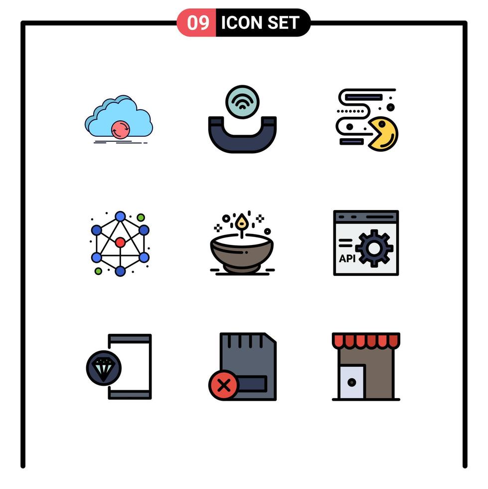Mobile Interface Filledline Flat Color Set of 9 Pictograms of dia diya competition network connection Editable Vector Design Elements