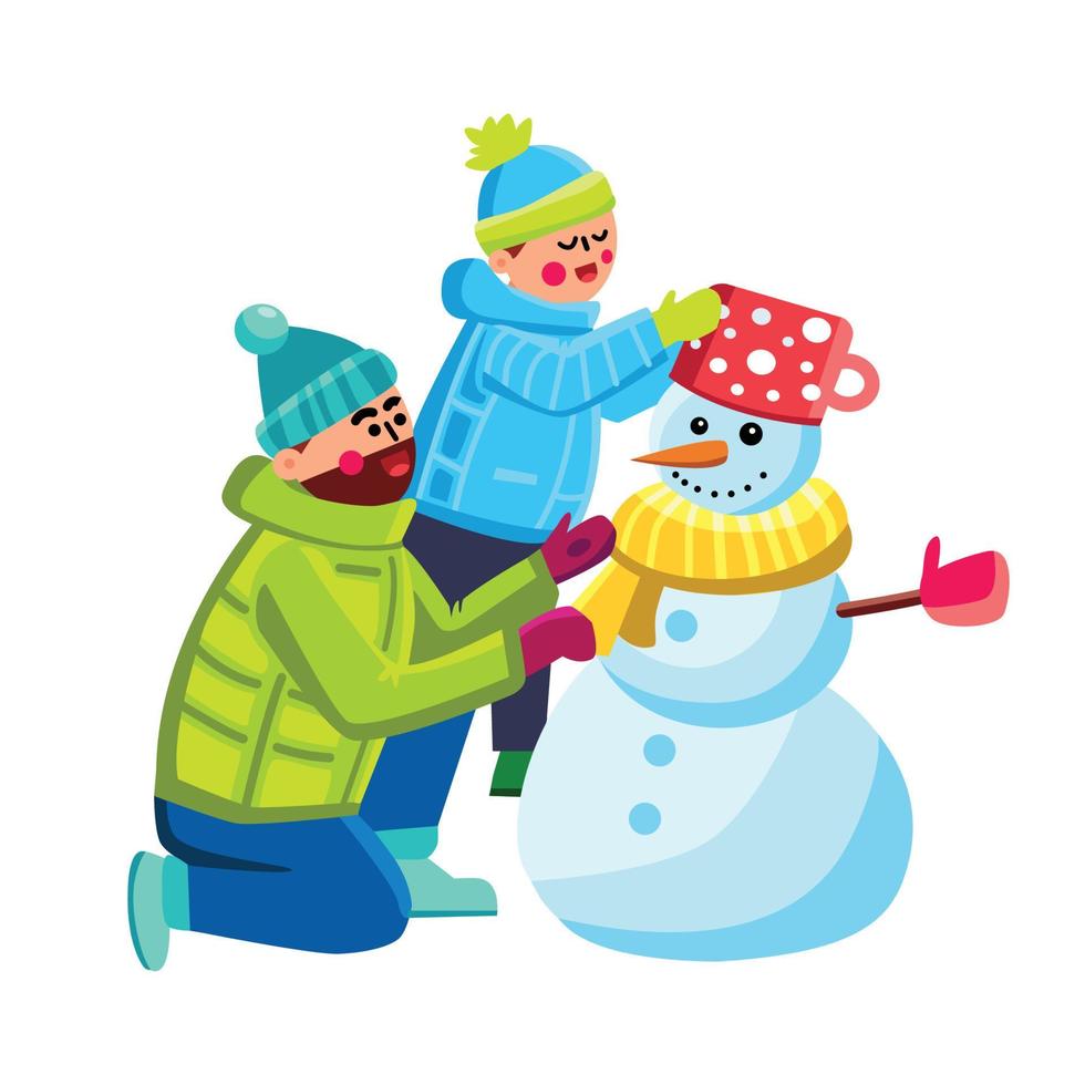 Snowman Making Father With Son Together Vector