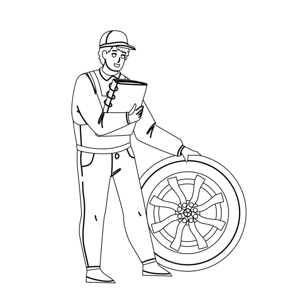 Mechanic Man Repair Flat Tire Car Wheel Vector