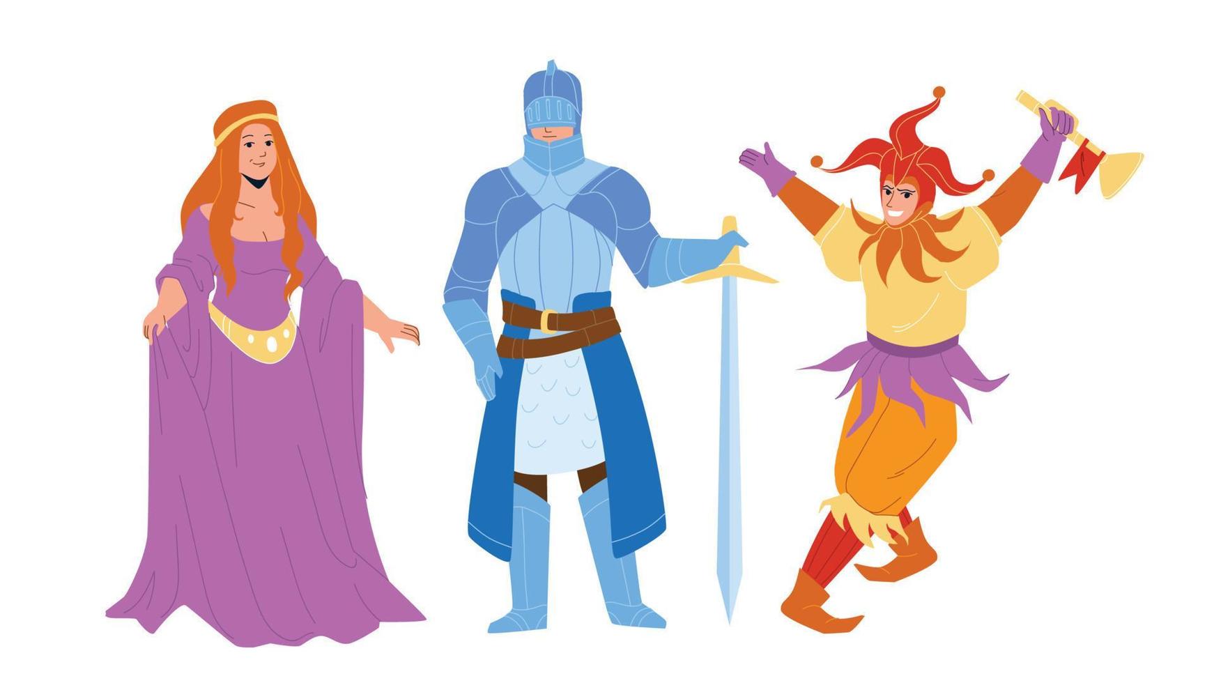 Medieval People Lady, Knight And Jester Vector
