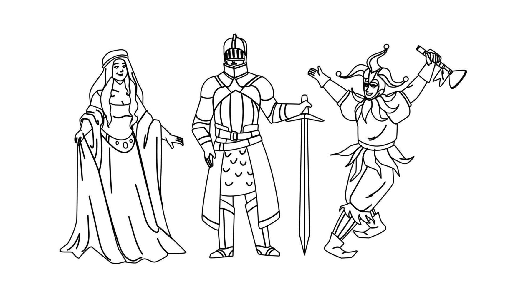 Medieval People Lady, Knight And Jester Vector