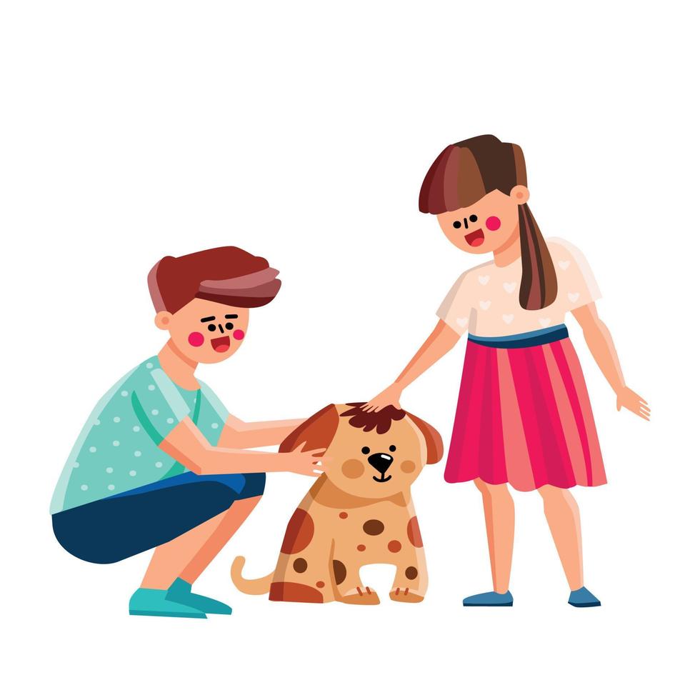 niño y niña niños acariciando perro juntos vector