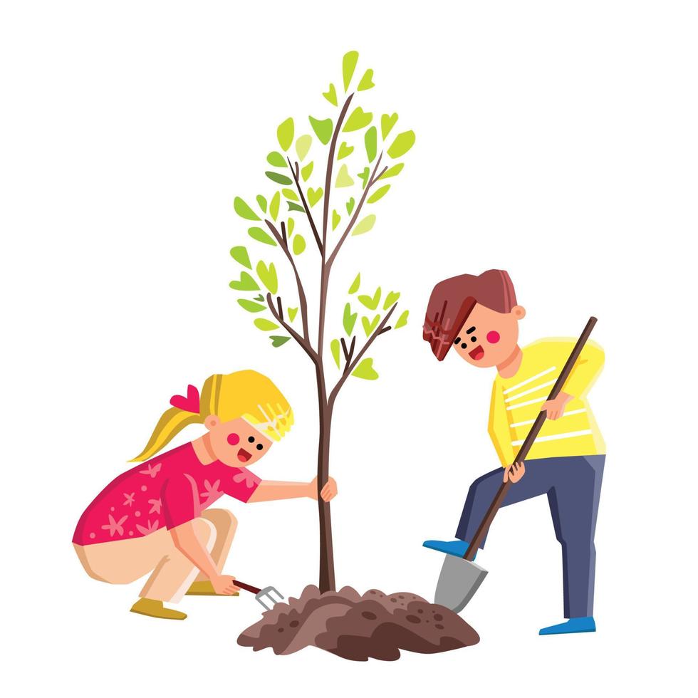 Boy And Girl Kids Planting Tree Together Vector