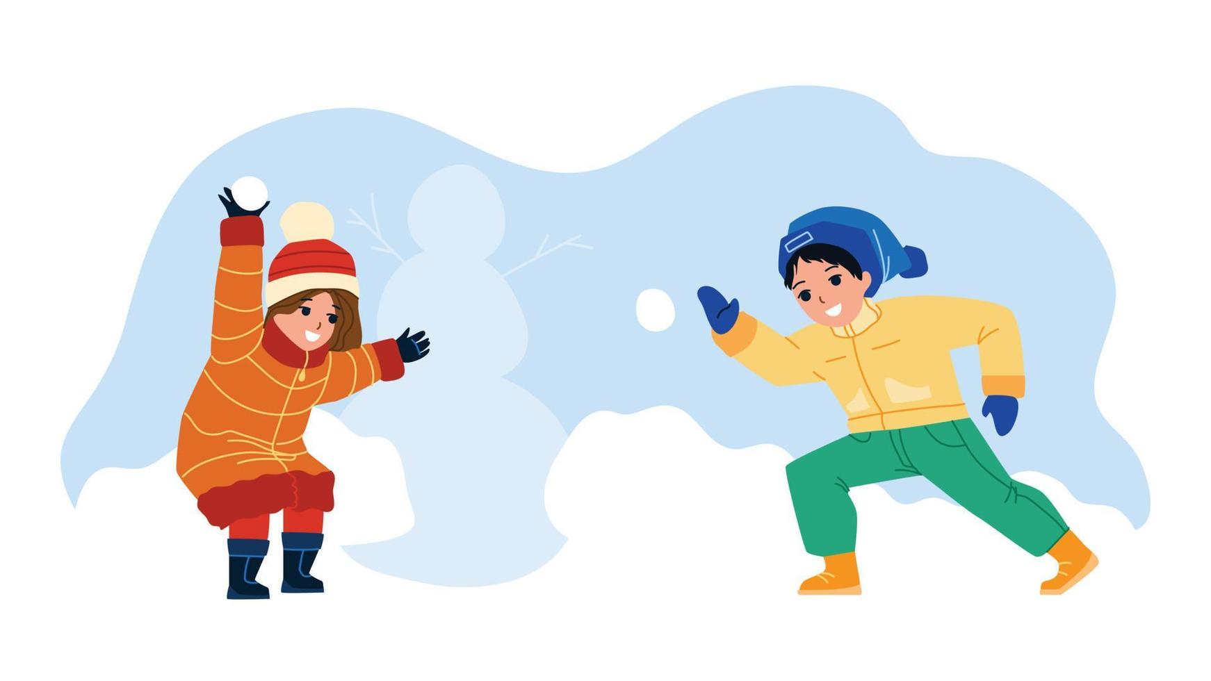 Kids Play With Winter Snow Balls Together Vector