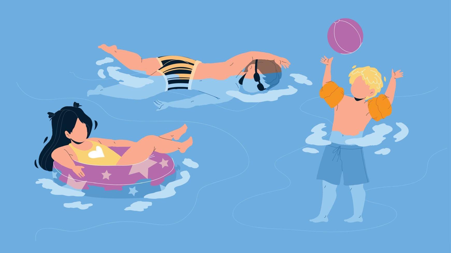 Kids Swimming And Playing In Waterpool Vector
