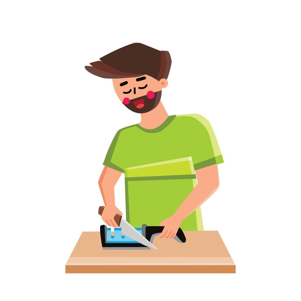 Knife Sharpener Man Use For Prepare Utensil Vector