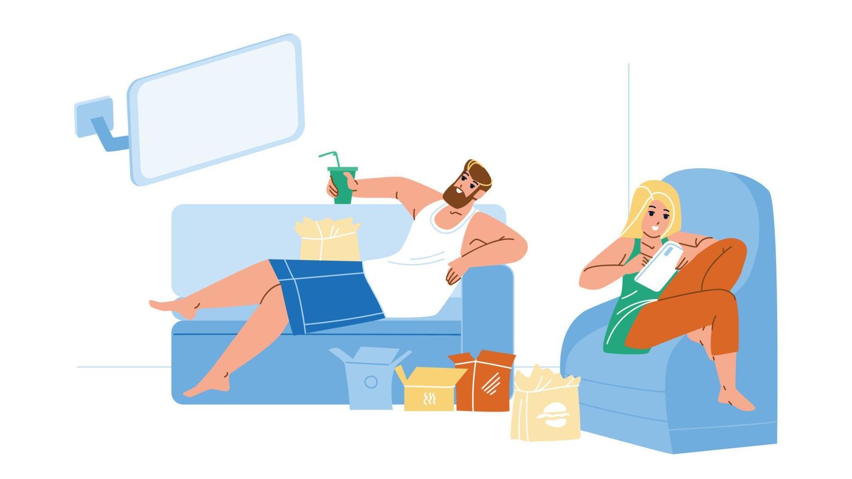 Lazy Man And Woman Resting Together Home Vector