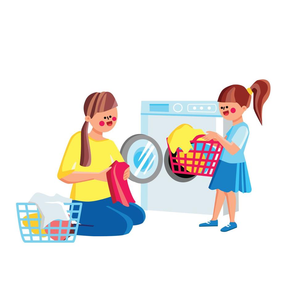 Daughter Girl Helping Mother Doing Laundry Vector