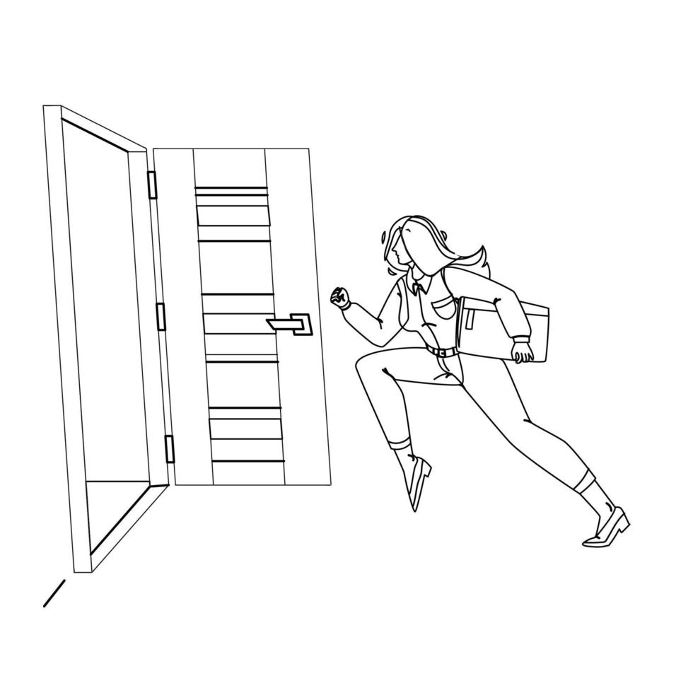 mujer saliendo de la habitación, corriendo para abrir la puerta vector