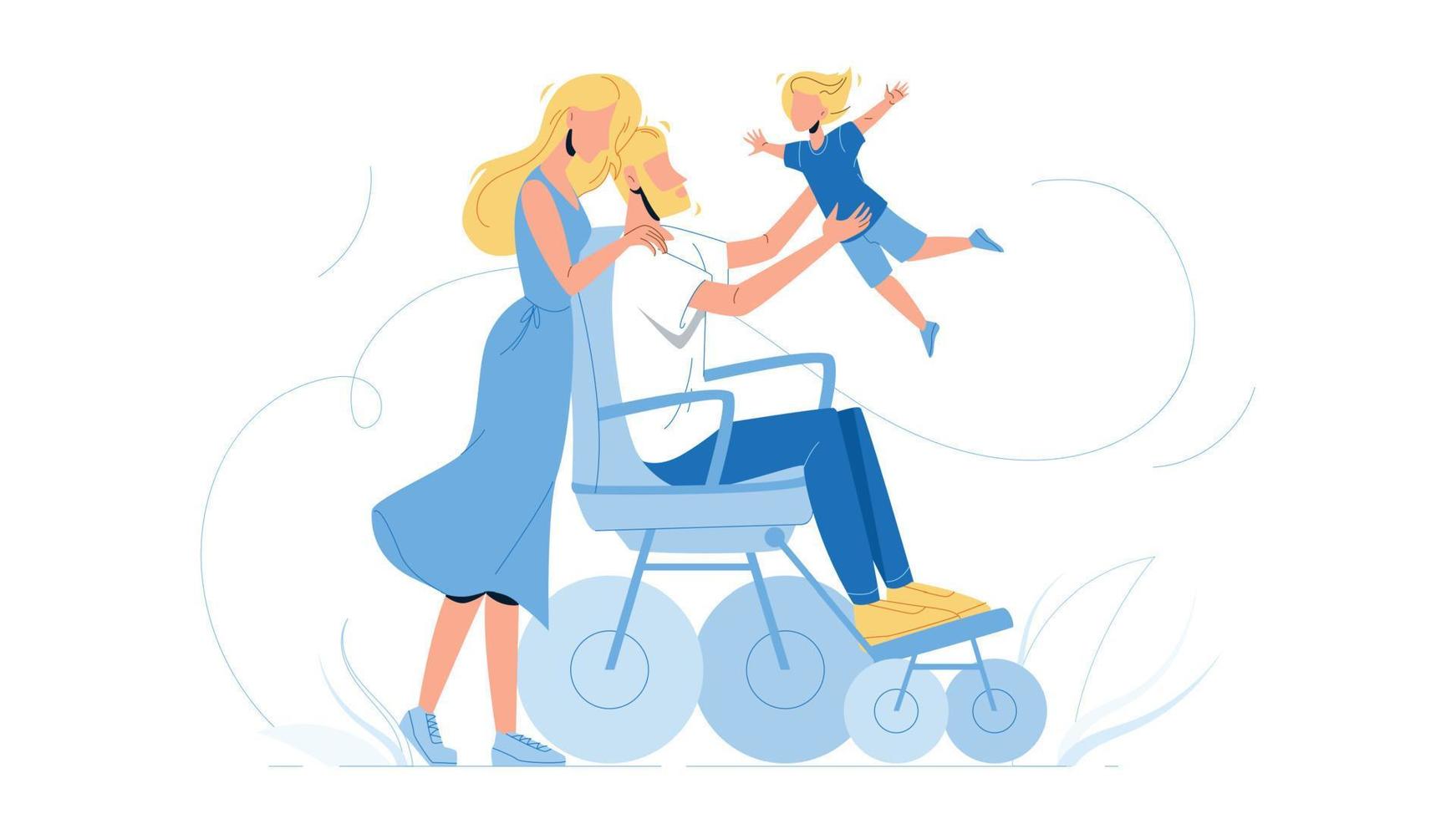 Father Man In Wheelchair Playing With Son Vector