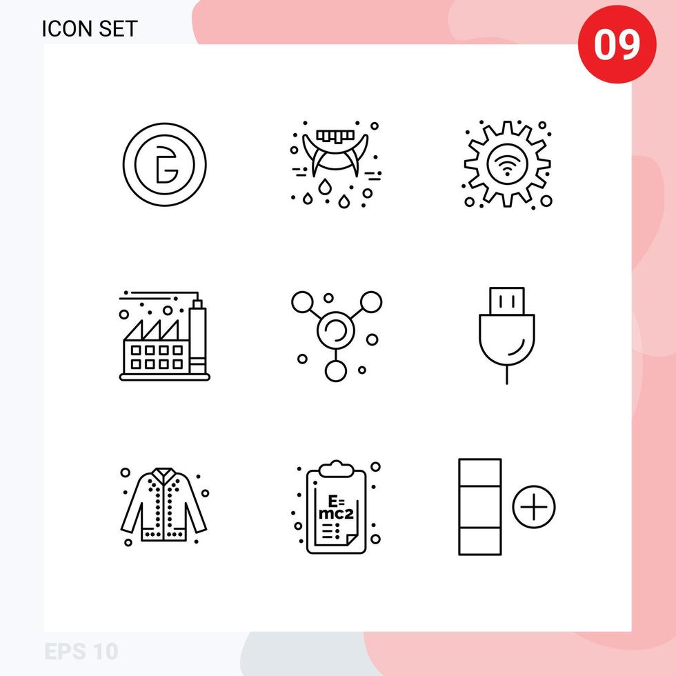 Pack of 9 creative Outlines of molecule economy vampire factory wifi Editable Vector Design Elements