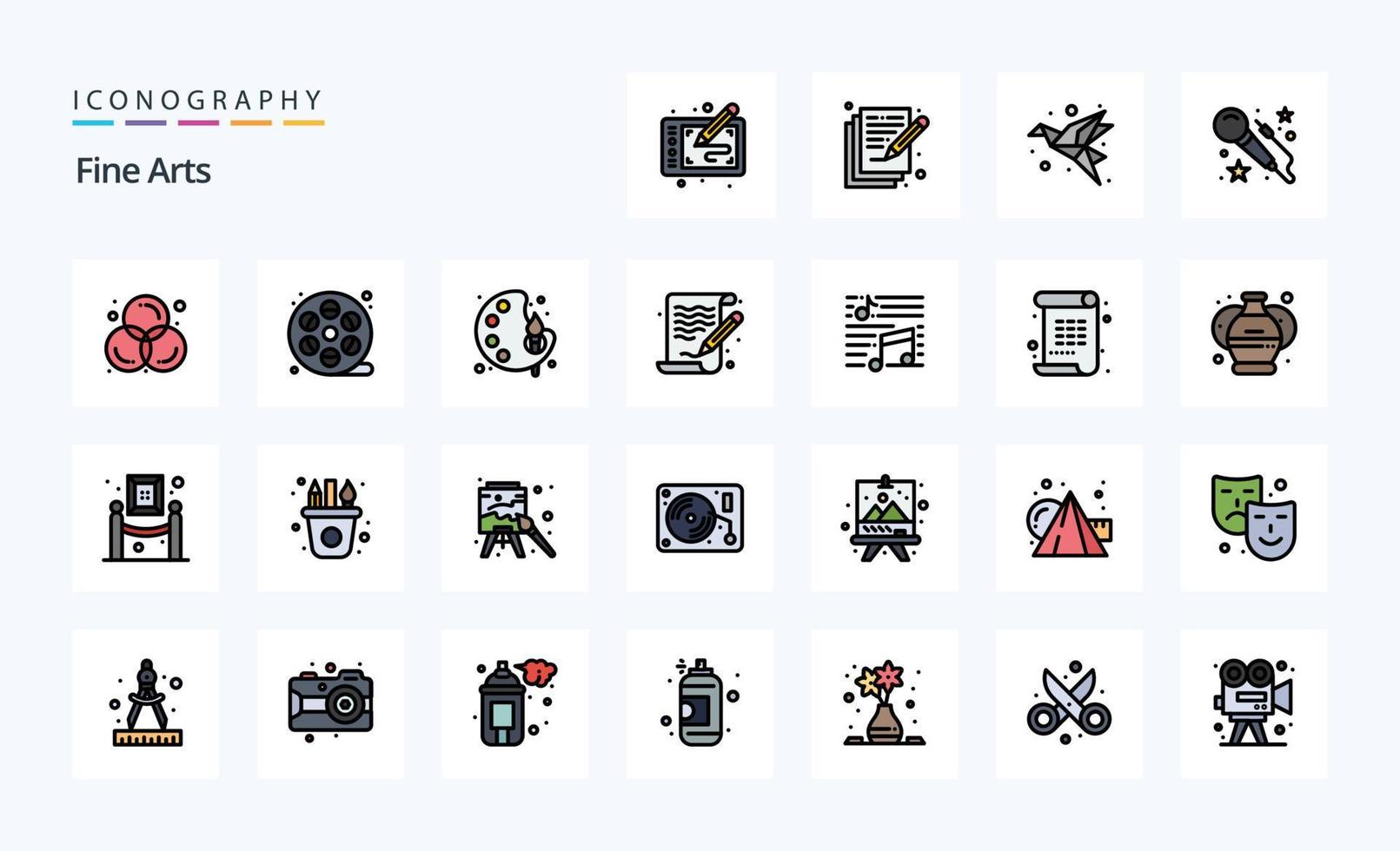 paquete de iconos de estilo lleno de línea de 25 bellas artes vector