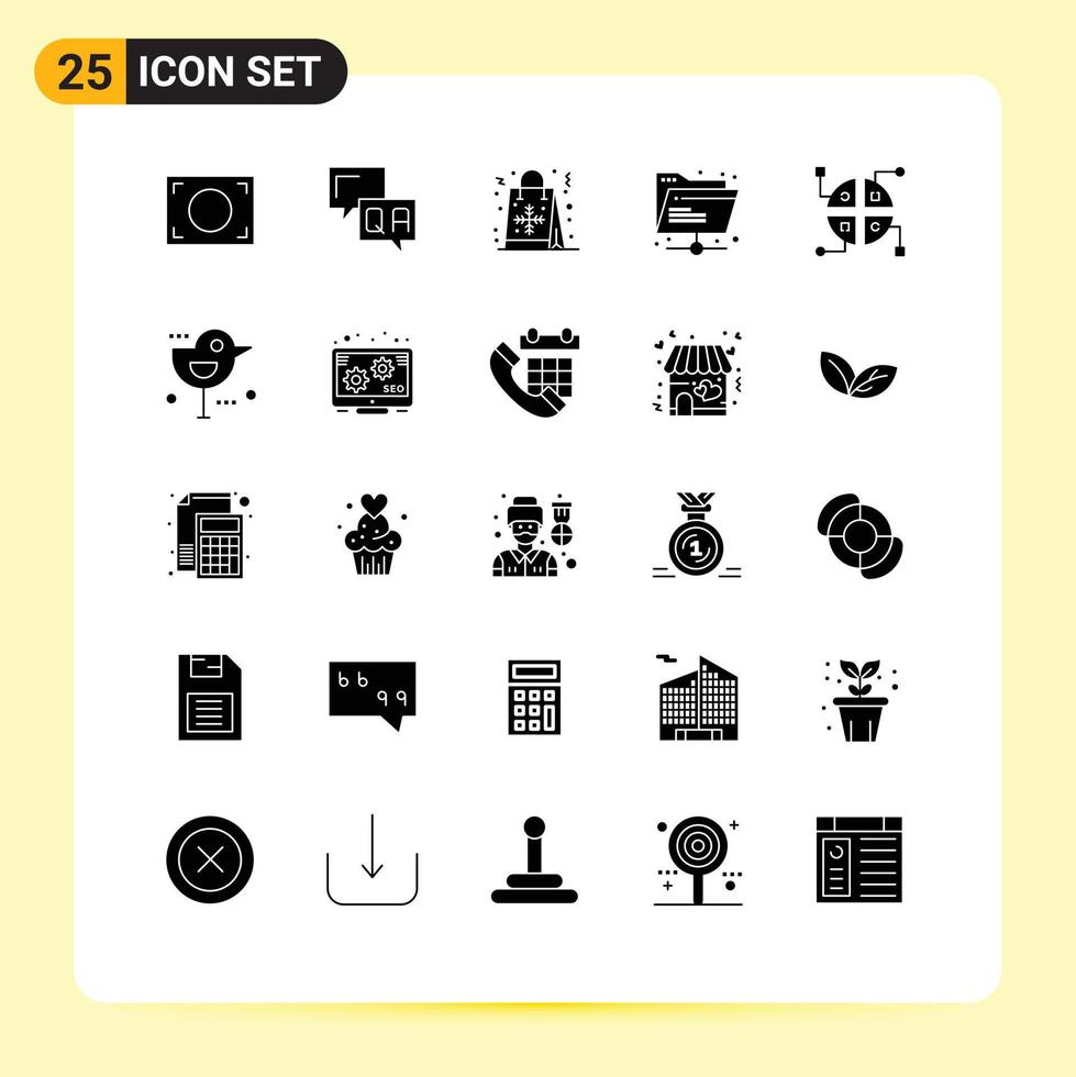 Group of 25 Modern Solid Glyphs Set for network shared christmas network folder Editable Vector Design Elements