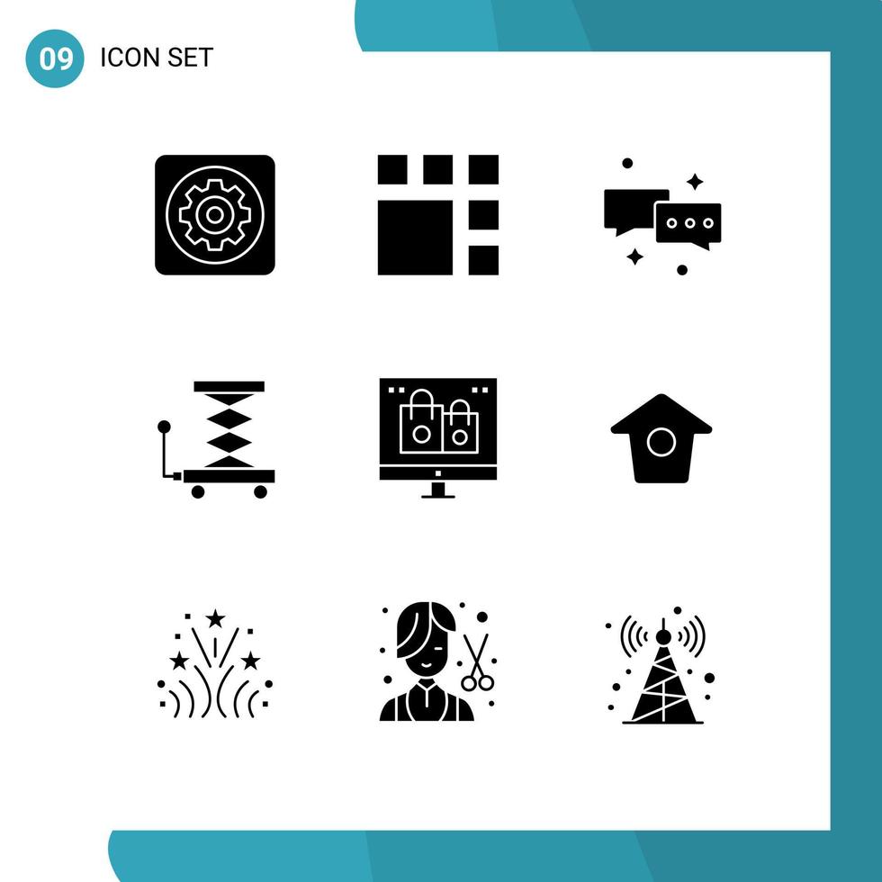 Set of 9 Vector Solid Glyphs on Grid for box lift layout construction email Editable Vector Design Elements