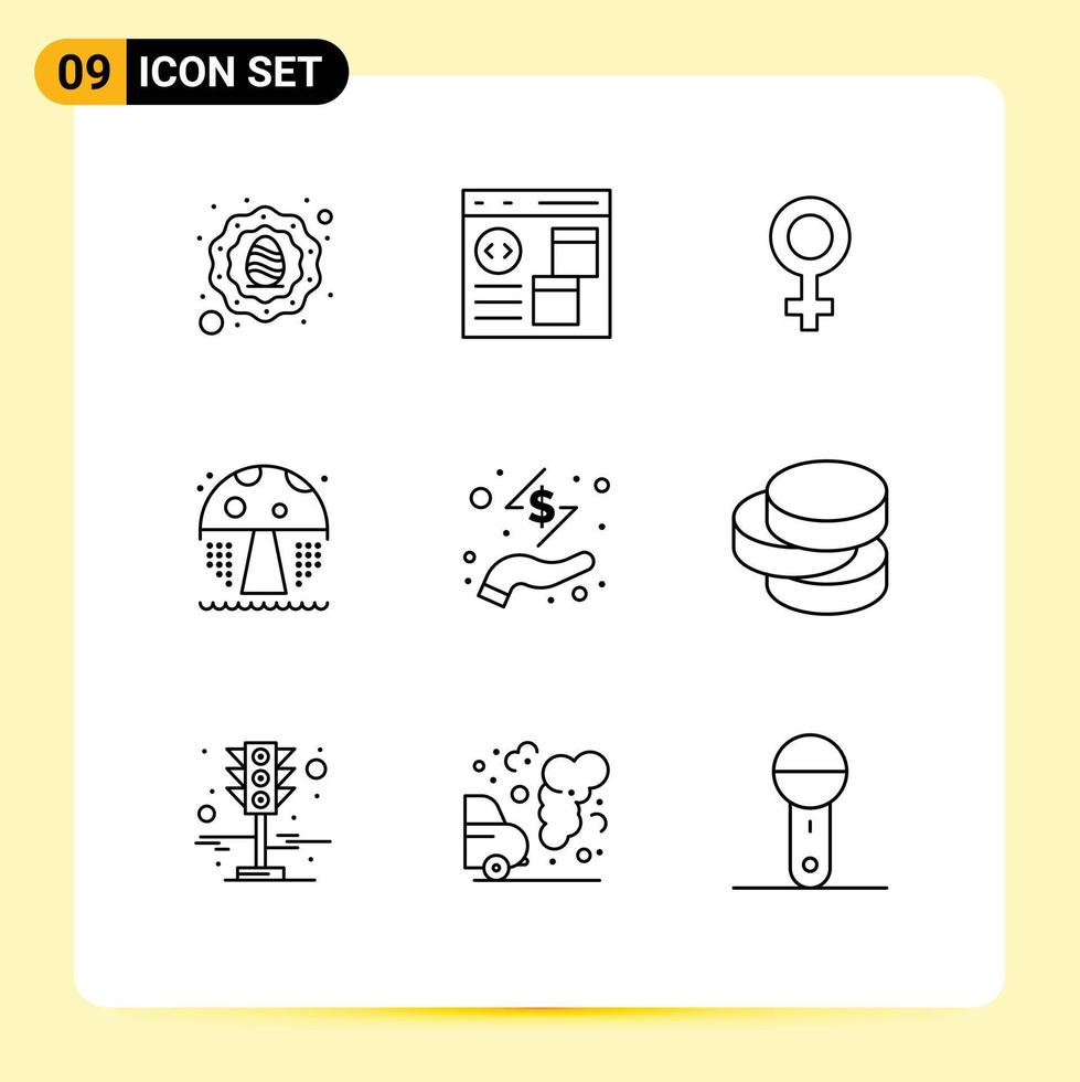 Universal Icon Symbols Group of 9 Modern Outlines of hand business development mushroom water Editable Vector Design Elements