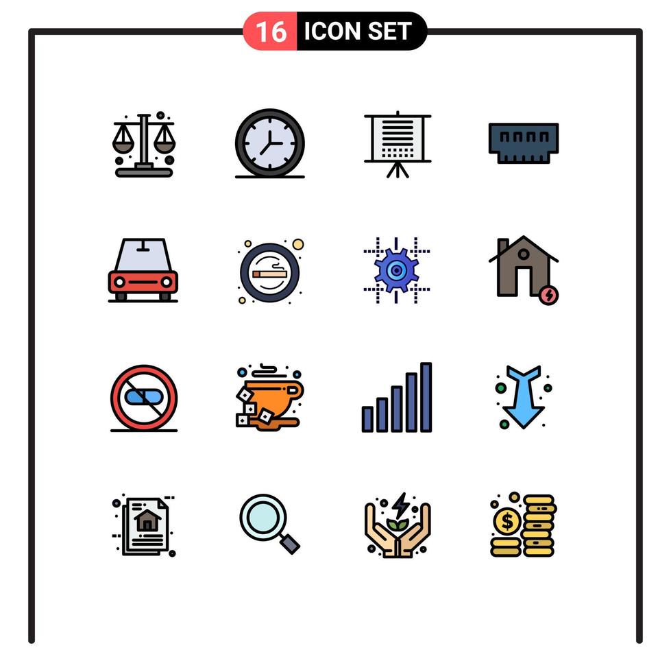 Pack of 16 Modern Flat Color Filled Lines Signs and Symbols for Web Print Media such as vehicles memory data hardware devices Editable Creative Vector Design Elements