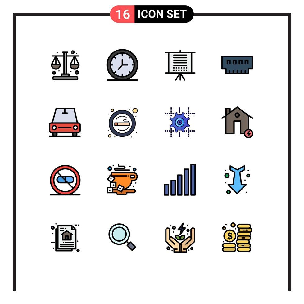 paquete de 16 signos y símbolos modernos de líneas rellenas de color plano para medios de impresión web, como dispositivos de hardware de datos de memoria de vehículos, elementos de diseño de vectores creativos editables