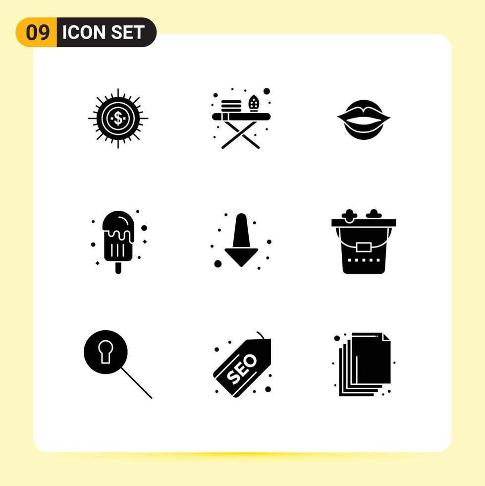 9 User Interface Solid Glyph Pack of modern Signs and Symbols of ice cream dessert ironing stand beauty valentines Editable Vector Design Elements