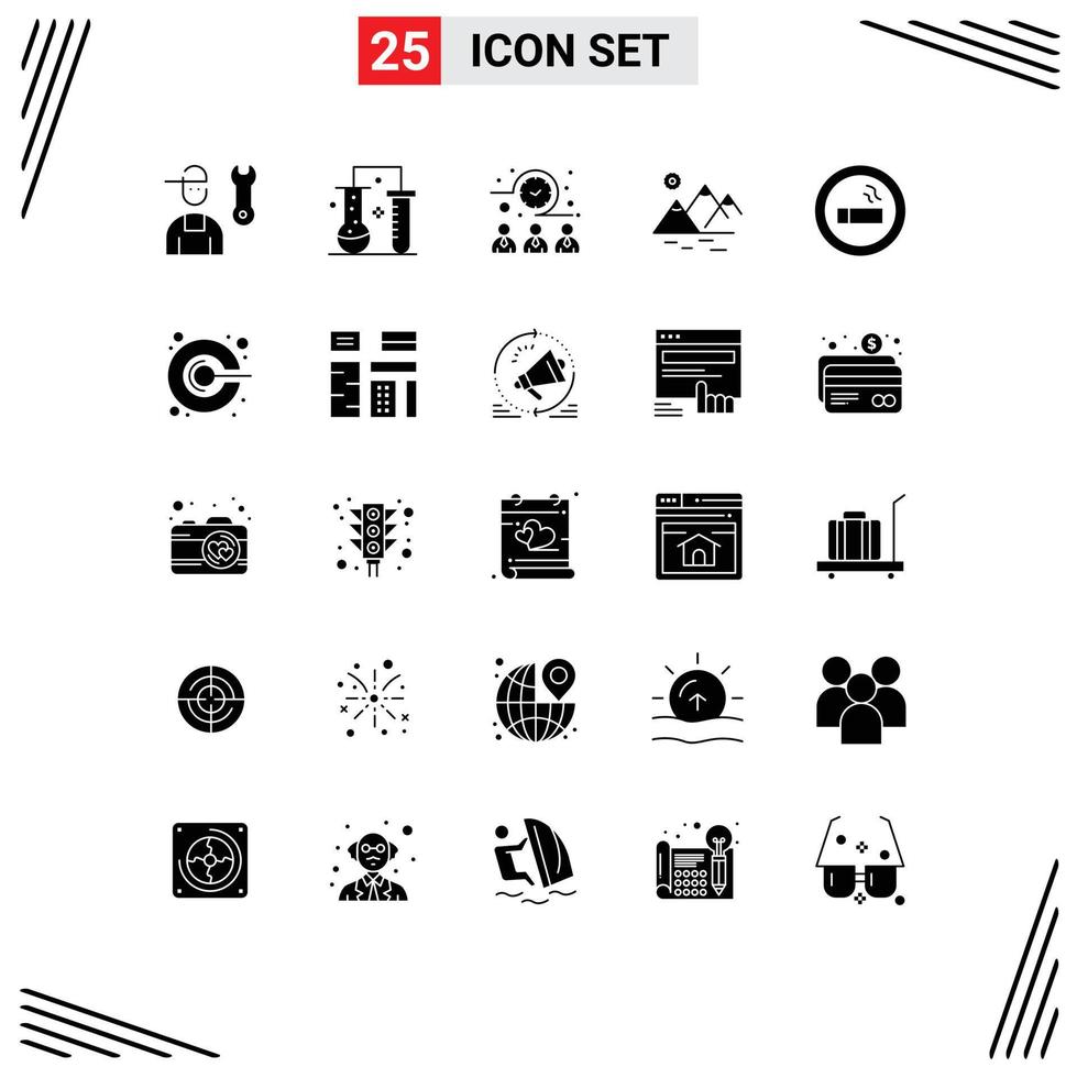 Pictogram Set of 25 Simple Solid Glyphs of farming mountain science of matter environment time Editable Vector Design Elements