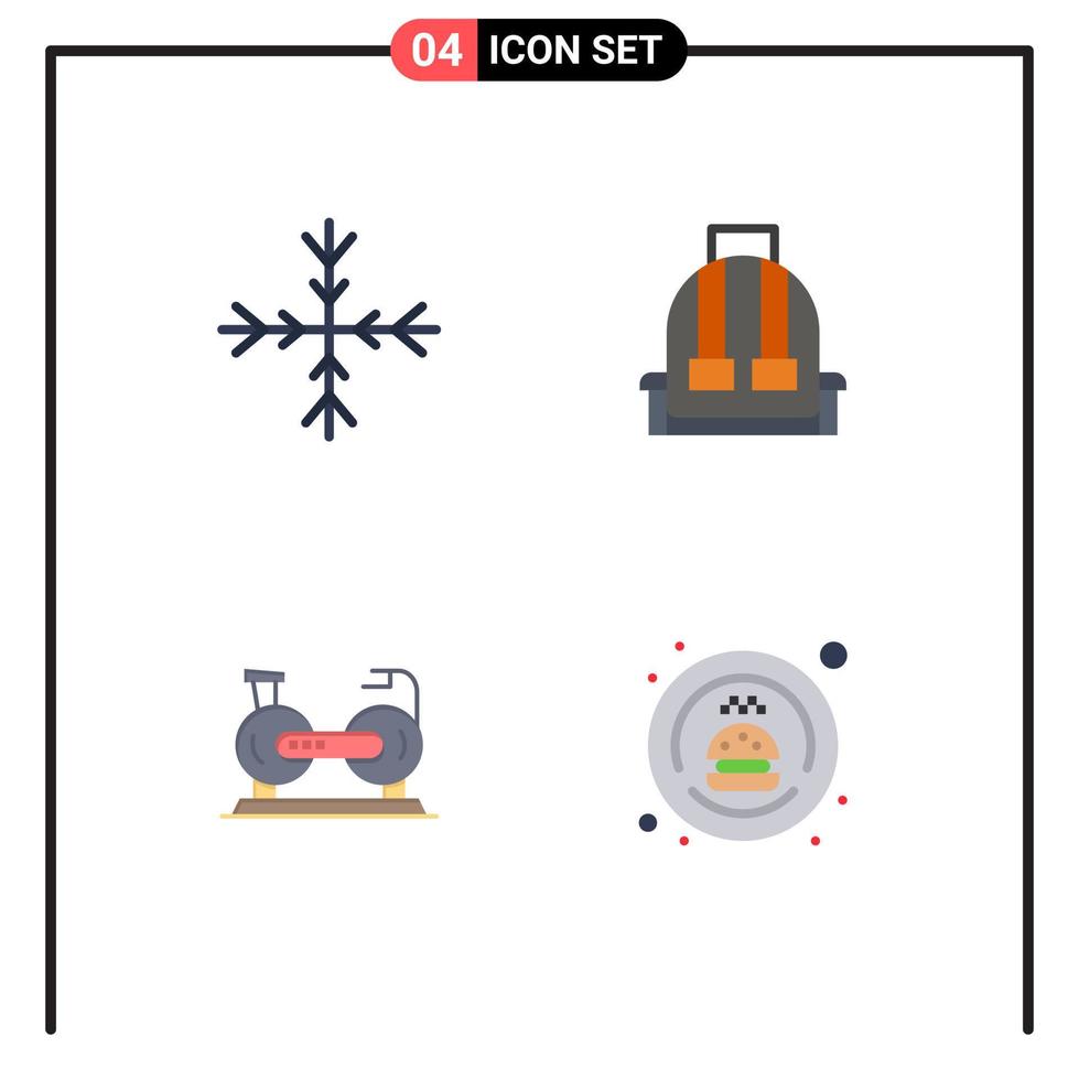 Set of 4 Commercial Flat Icons pack for snow exercise backpack school fittness Editable Vector Design Elements