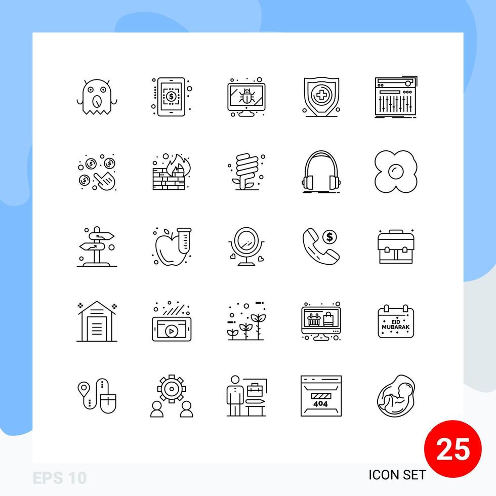 Pack of 25 creative Lines of sound midi screen controller security Editable Vector Design Elements