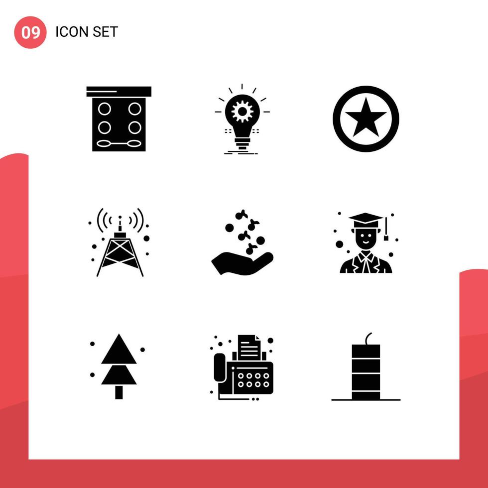 Pack of 9 Modern Solid Glyphs Signs and Symbols for Web Print Media such as fist signal light antenna military rank Editable Vector Design Elements