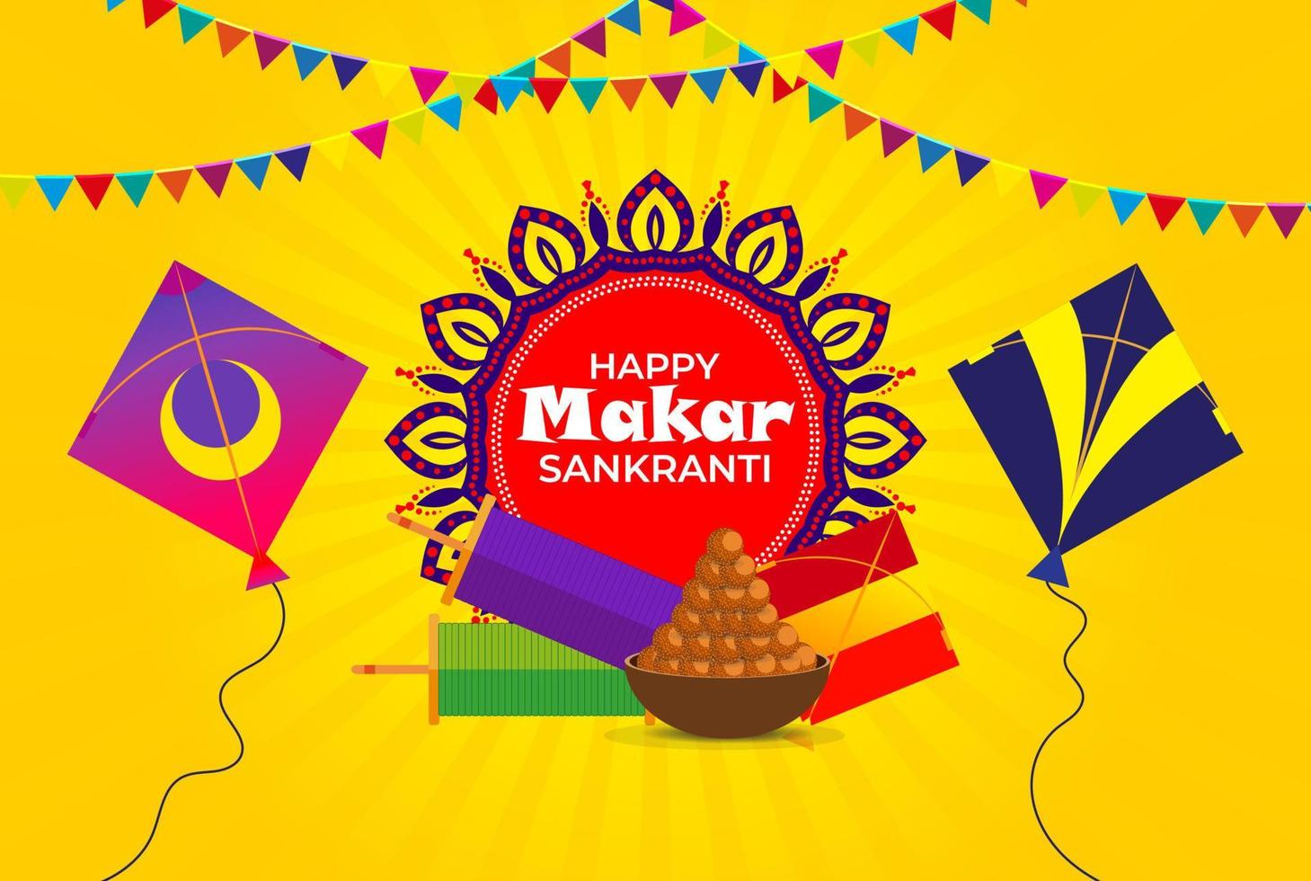 Happy makar sankranti yellow background with kites, laddoo and spool of string vector