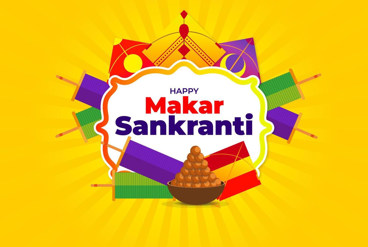 feliz makar sankranti fondo amarillo con cometas y laddoo vector