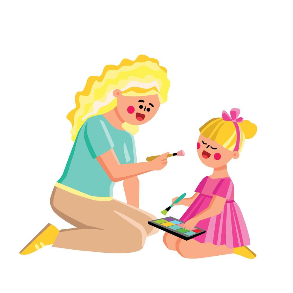 madre haciendo maquillaje de belleza pequeña hija vector