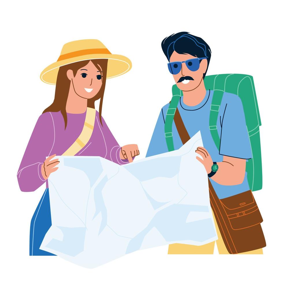 Tourist Map Research Man And Woman Couple Vector