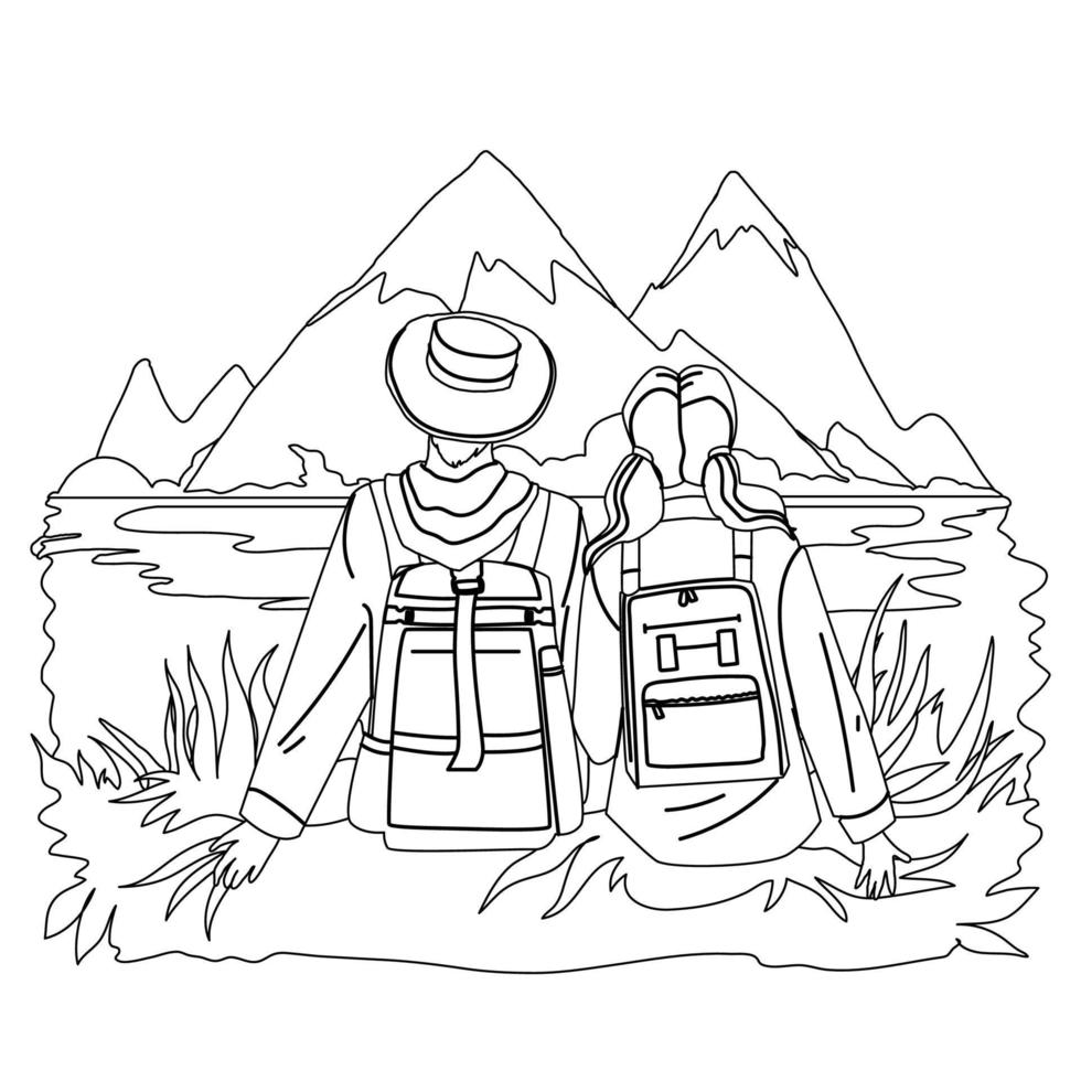 Travelers Trekking Couple Nature Adventure Vector