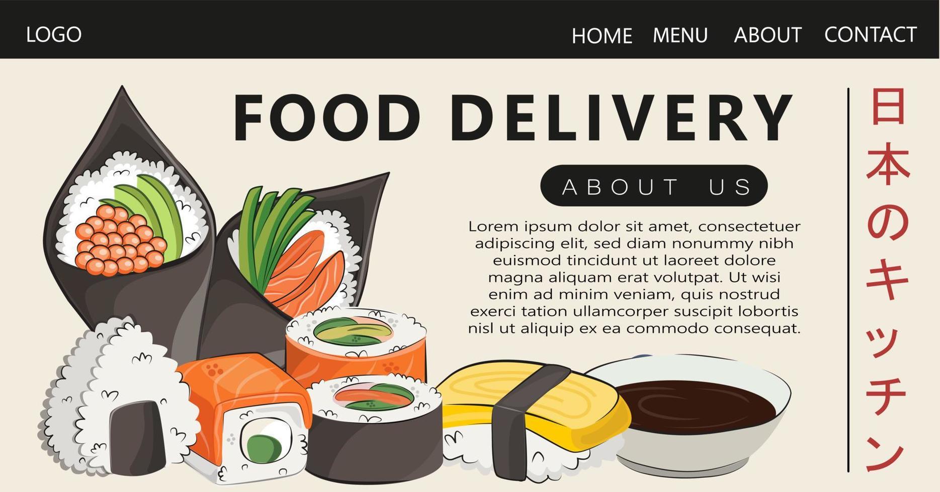 Asian food, Japanese food. for delivery sites, sushi rolls onigiri soy sauce, ramen, wok, noodles vector