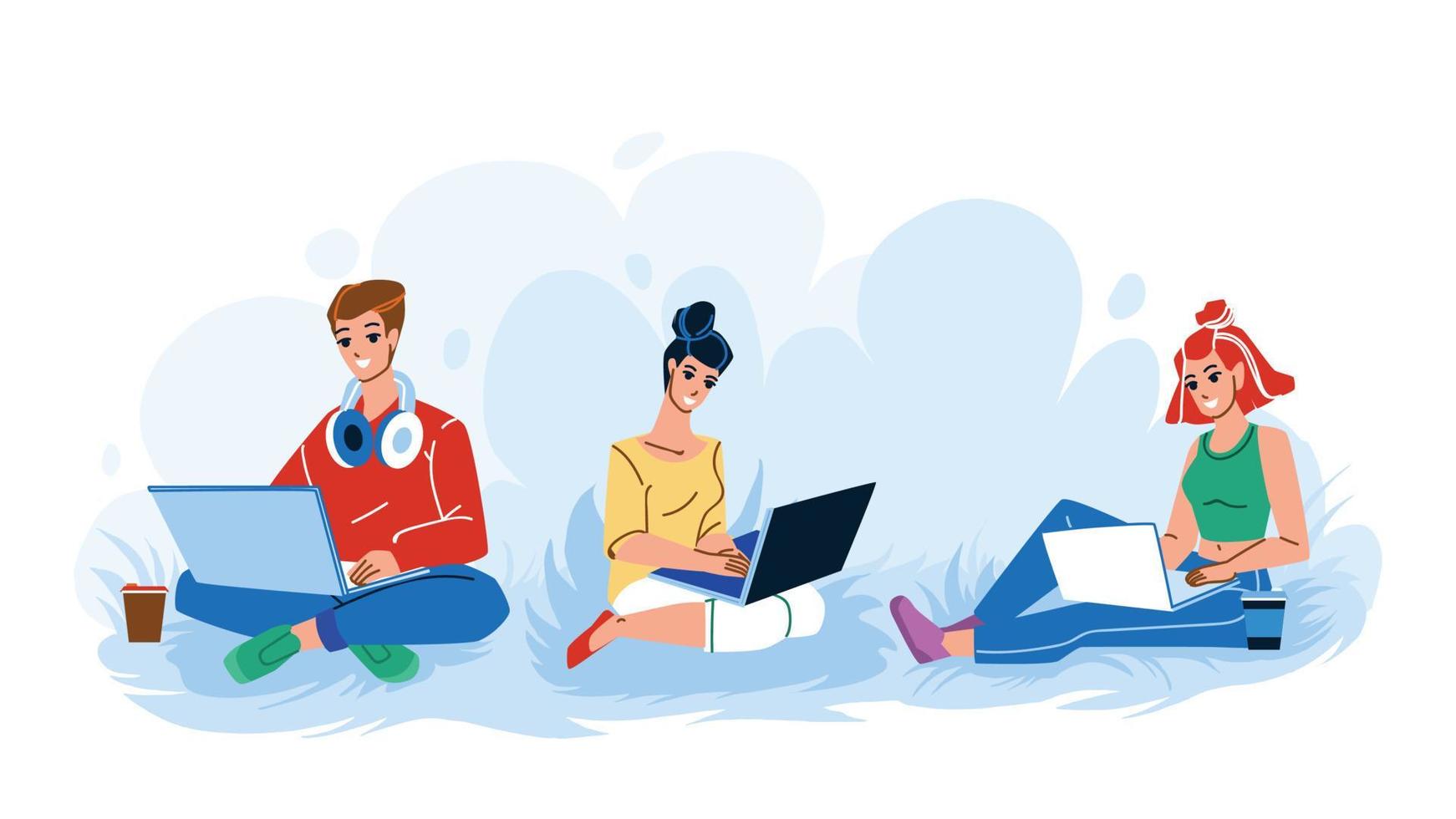 University Students Remote Studying Outdoor Vector