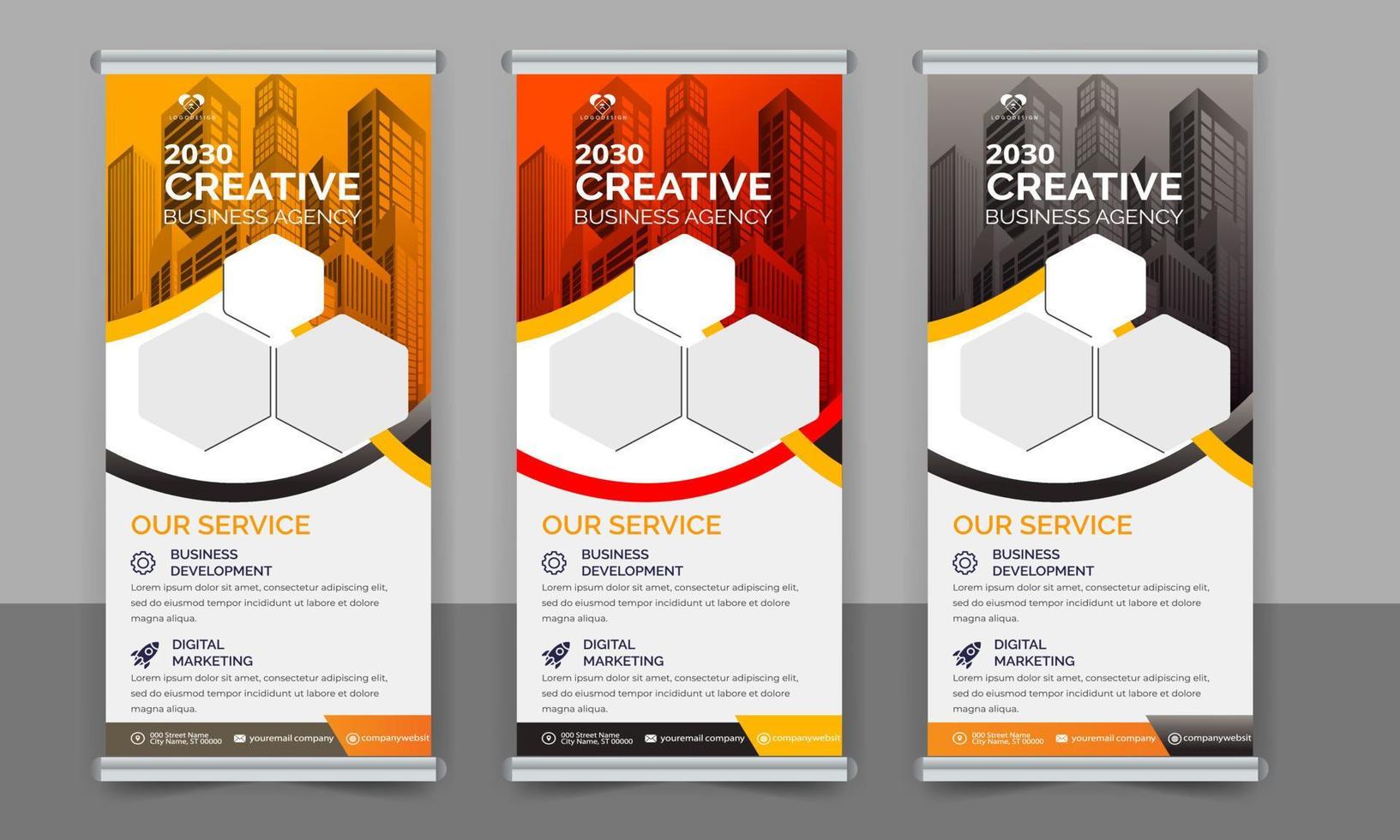 diseño de banner enrollable de negocios creativos. banner de diseño standee, banner enrollable digital corporativo. vector