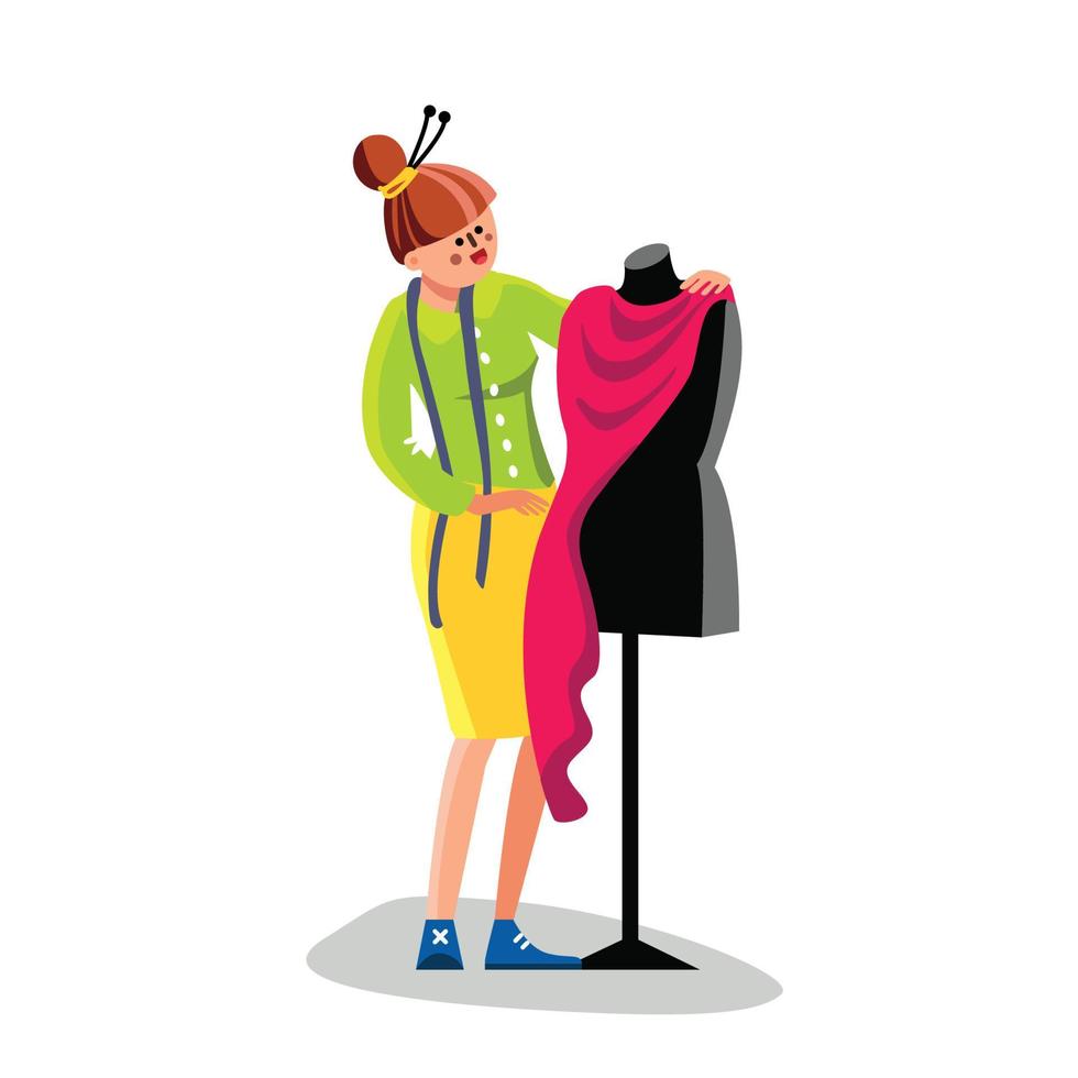 Seamstress Woman Sewing Clothing Or Dress Vector