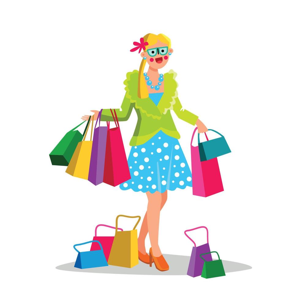 Shopaholism Problem Woman Walking With Bags Vector