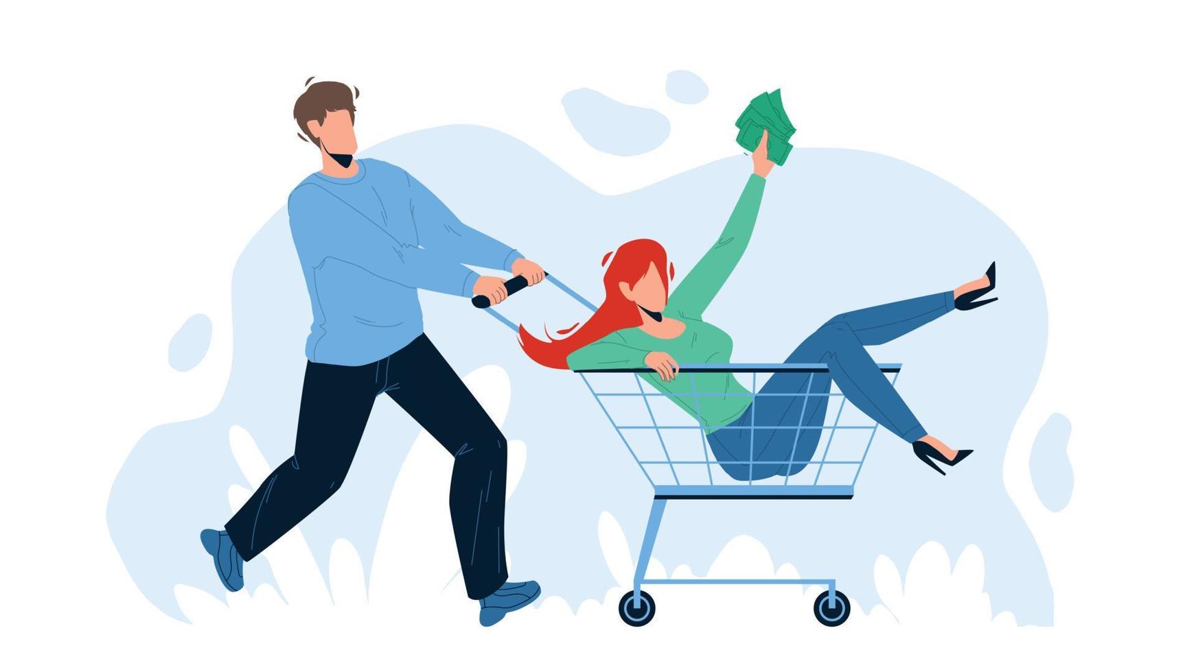 In Shopping Cart Transport Carry Boy Woman Vector