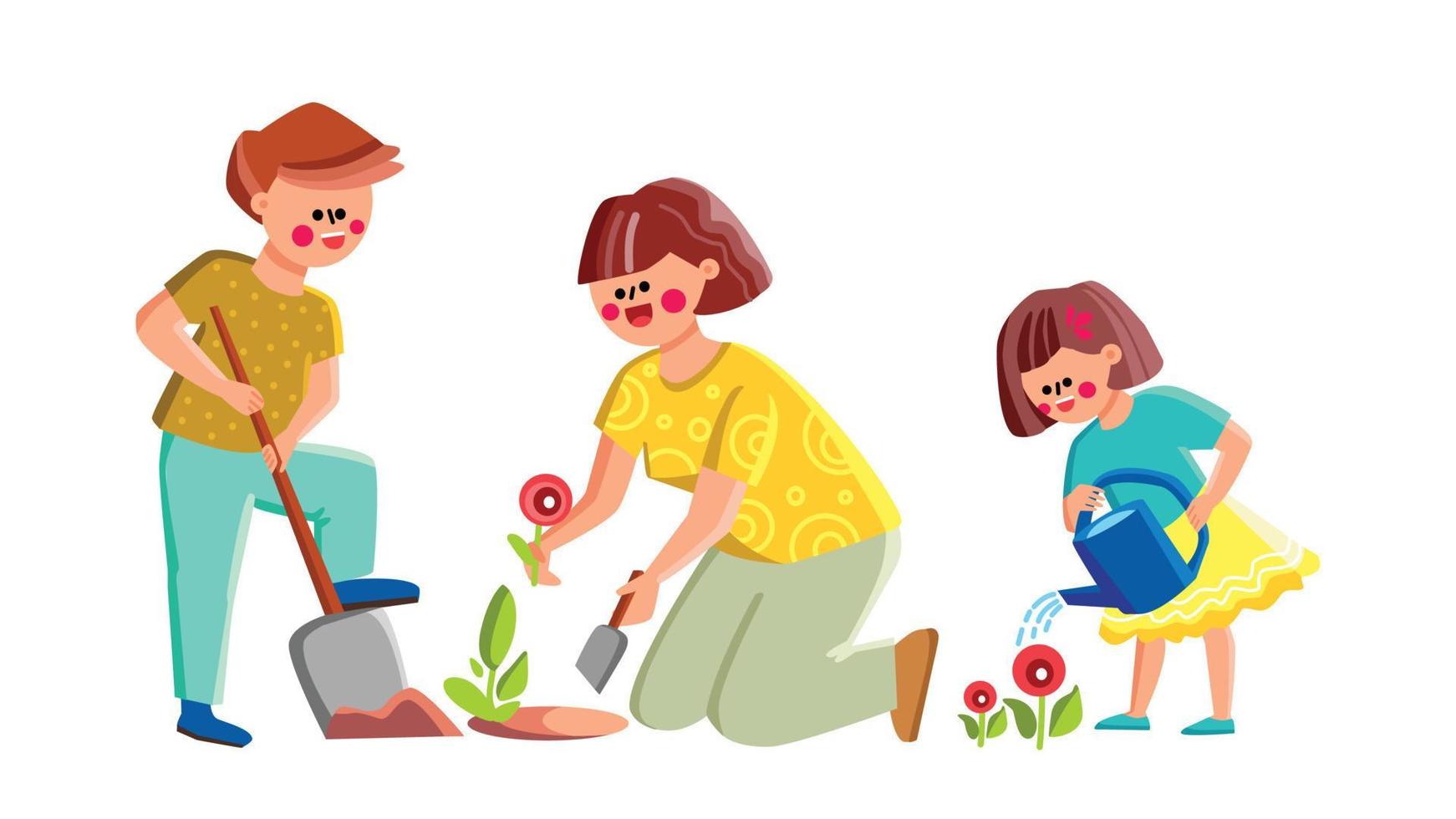 Mother With Son And Daughter Plant Flowers Vector