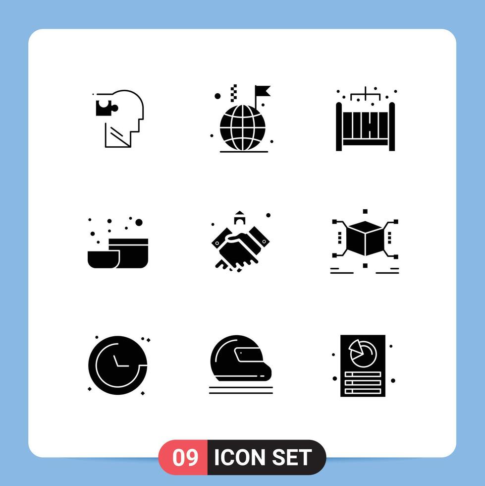 Editable Vector Line Pack of 9 Simple Solid Glyphs of handshake agreement flag tool bowl Editable Vector Design Elements