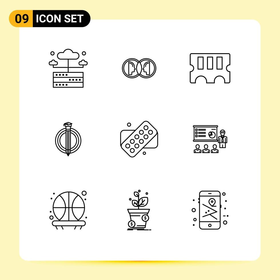 Set of 9 Vector Outlines on Grid for medical graduate man bonus success Editable Vector Design Elements