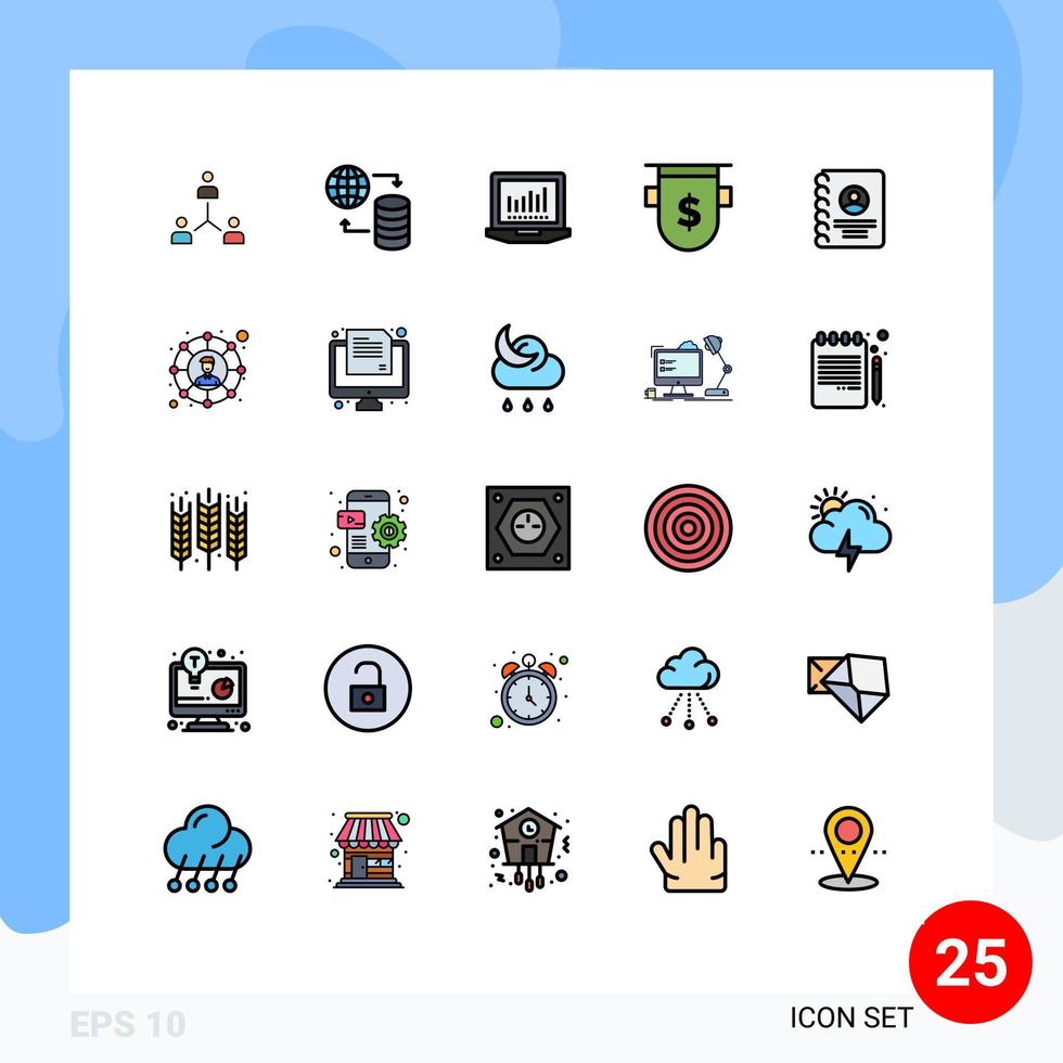 Editable Vector Line Pack of 25 Simple Filled line Flat Colors of dollar bank world badges computing Editable Vector Design Elements