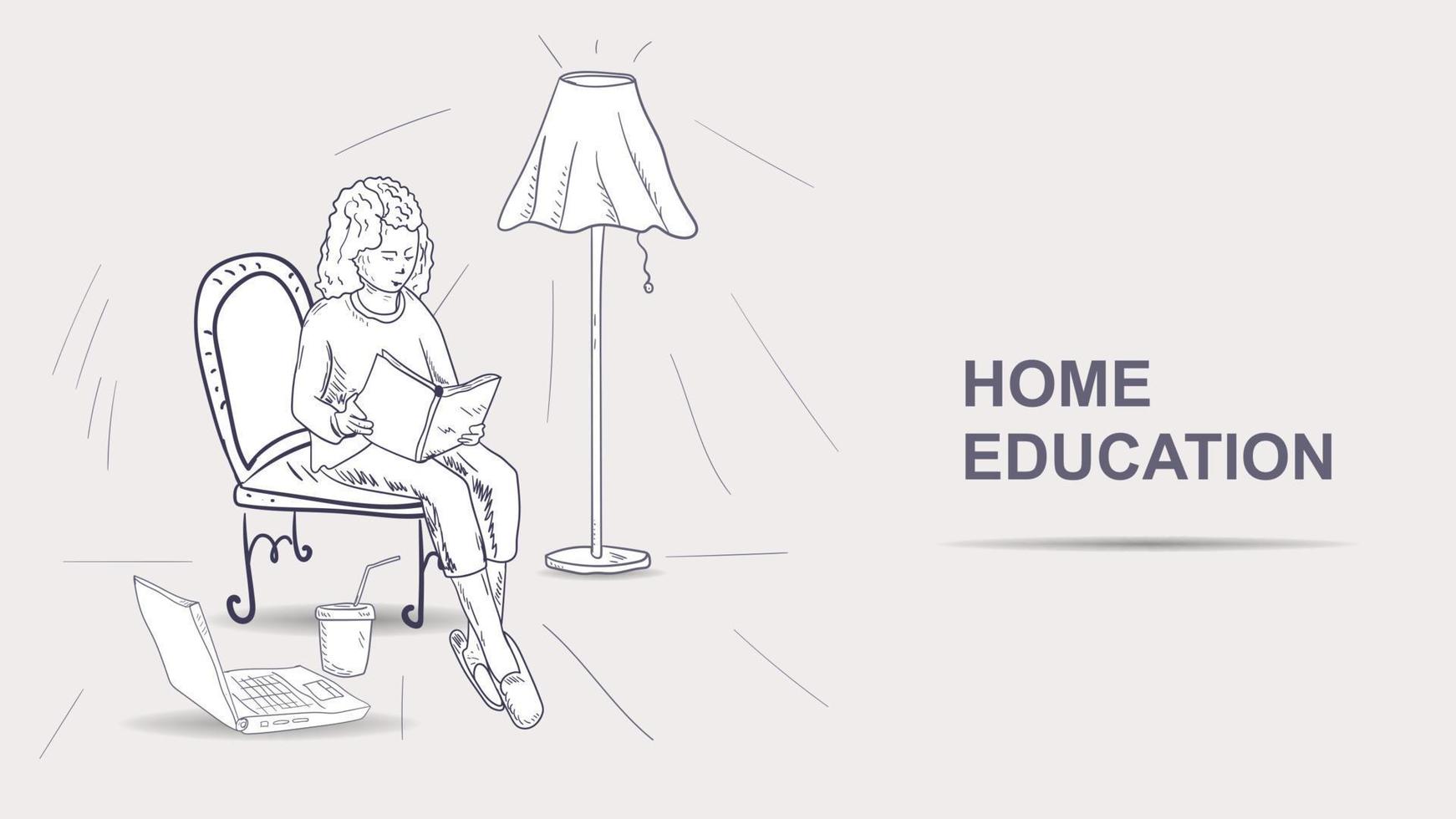 A teenage girl reads a book sitting on a chair contoured black and white illustration in the style of a doodle vector