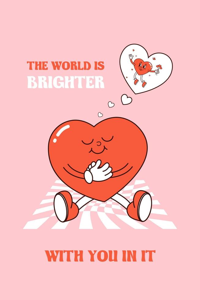 Retro groovy lovely hearts posters. Love concept. Happy Valentines day greeting card in trendy retro 60s 70s cartoon style. Vector illustration in pink red colors. Groovy heart.