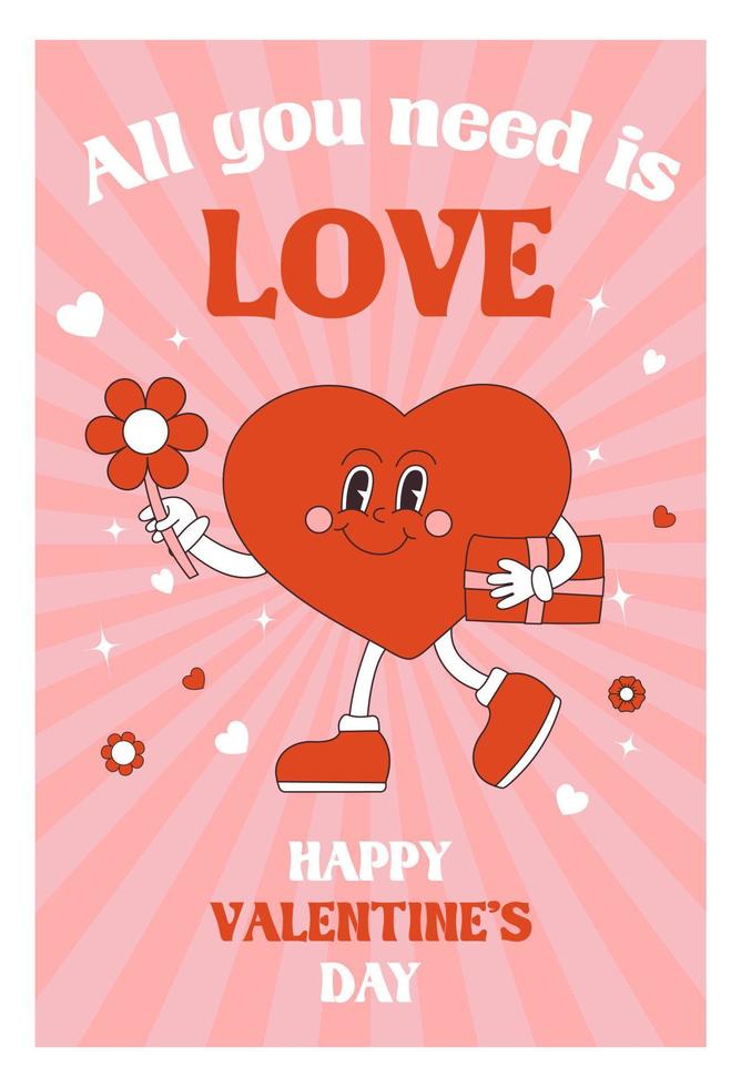 carteles de corazones encantadores maravillosos retro. concepto de amor feliz tarjeta de felicitación del día de san valentín en el moderno estilo retro de dibujos animados de los años 60 y 70. ilustración vectorial en colores rojo rosa. corazón maravilloso. vector