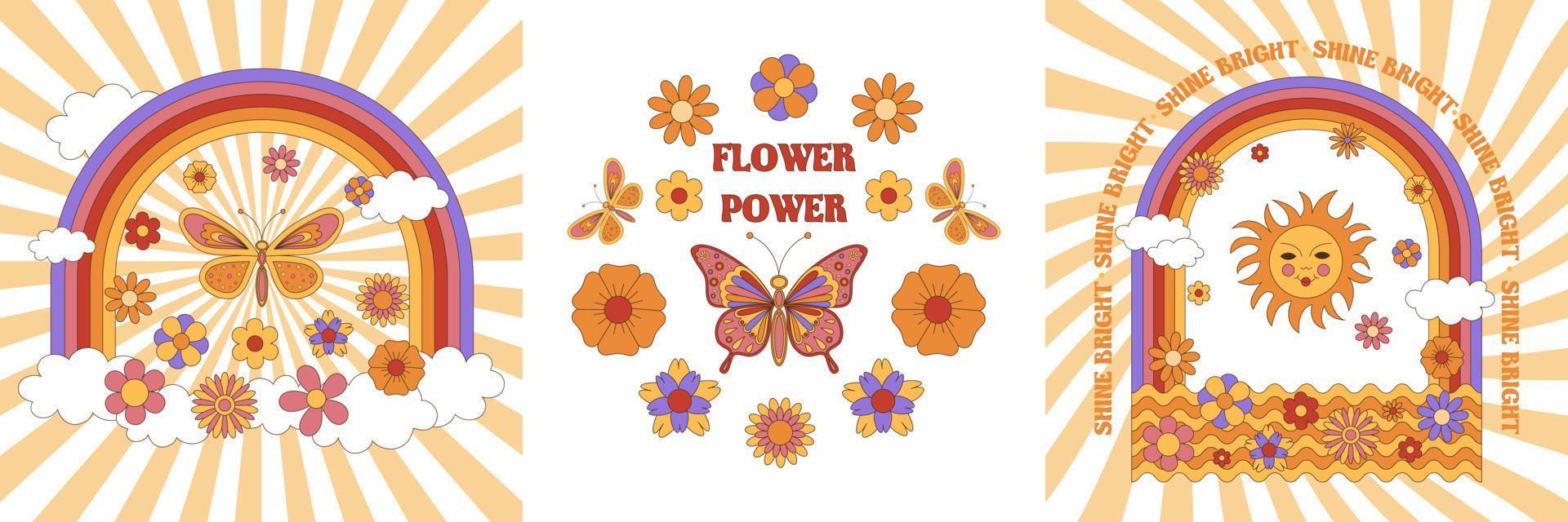Set of groovy hippie 70s posters. Funny cartoon butterfly, rainbow, daisies, sun etc. Vector greeting cards in a trendy retro psychedelic cartoon style. Vector background. Stay groovy. Flower power