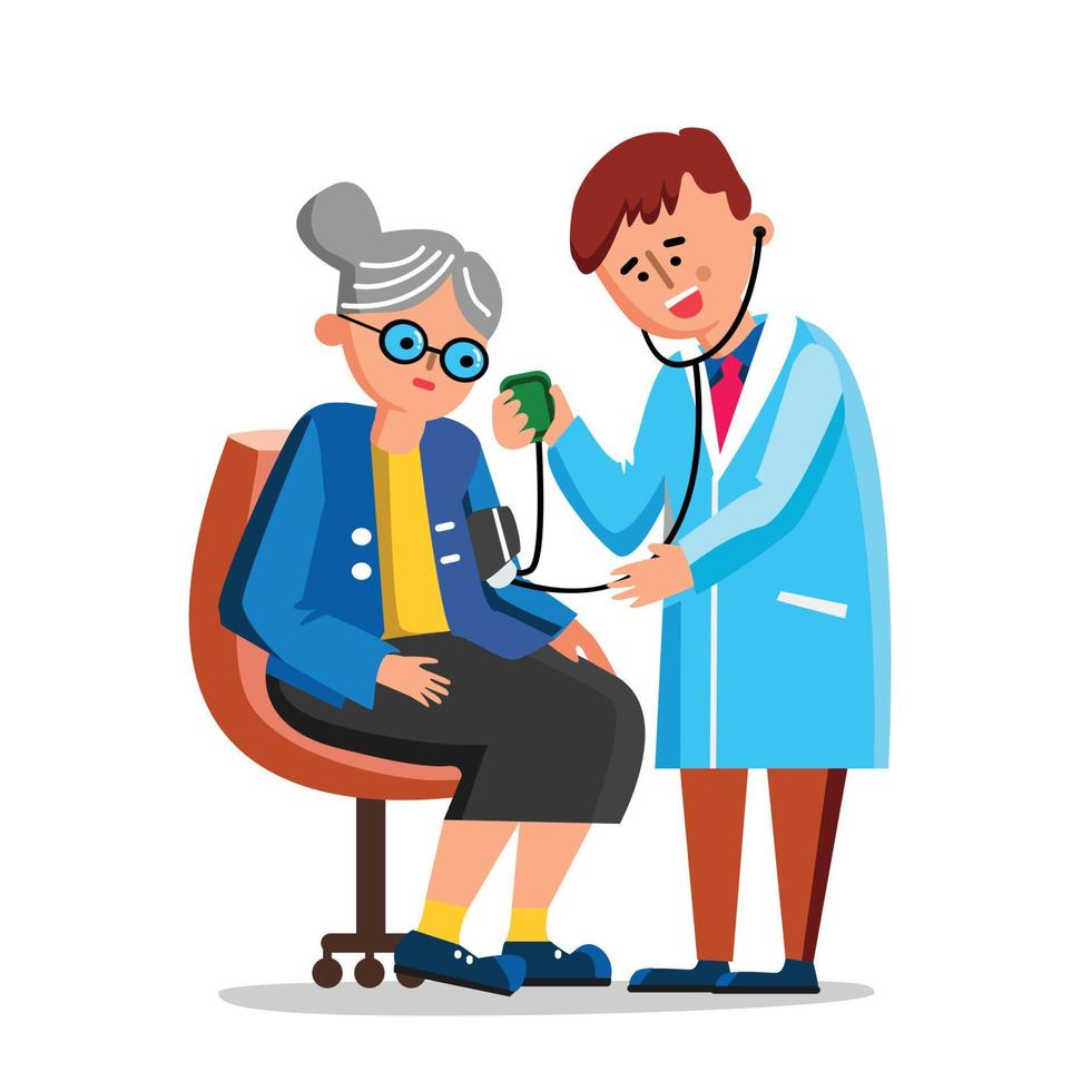 Doctor Measuring Old Woman Blood Pressure Vector