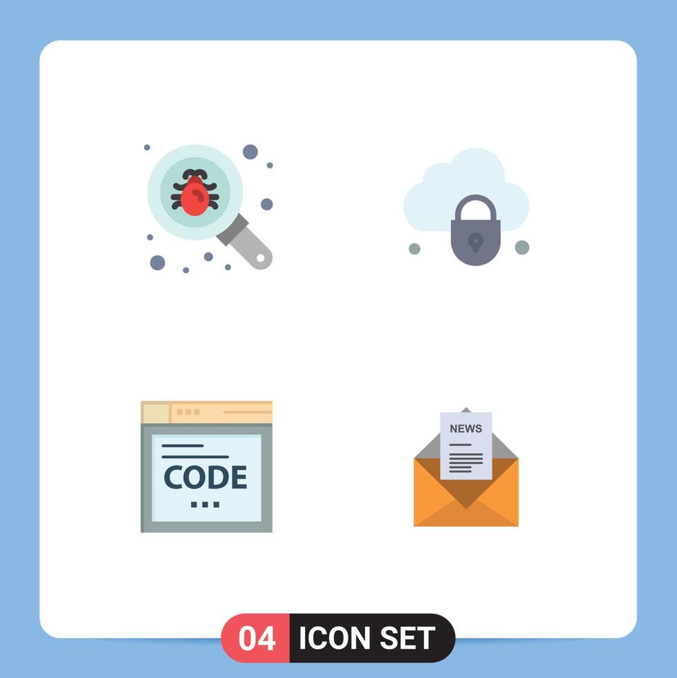 4 Universal Flat Icon Signs Symbols of bug internet security lock coding Editable Vector Design Elements