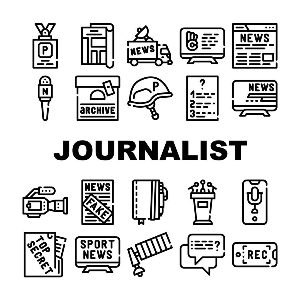 Los iconos de la colección de accesorios para periodistas establecen ilustraciones vectoriales. vector